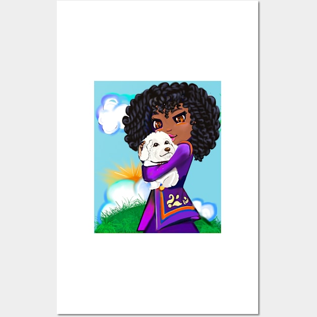 Girl with Afro hair cuddles puppy dog, Cavapoo puppy dog, cute Cavoodle, Cavapoo, Cavalier King Charles Spaniel Wall Art by Artonmytee